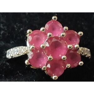Stunning 925 Sterling Silver Flower Ruby Ring with Diamond Accent Size 6 3/4